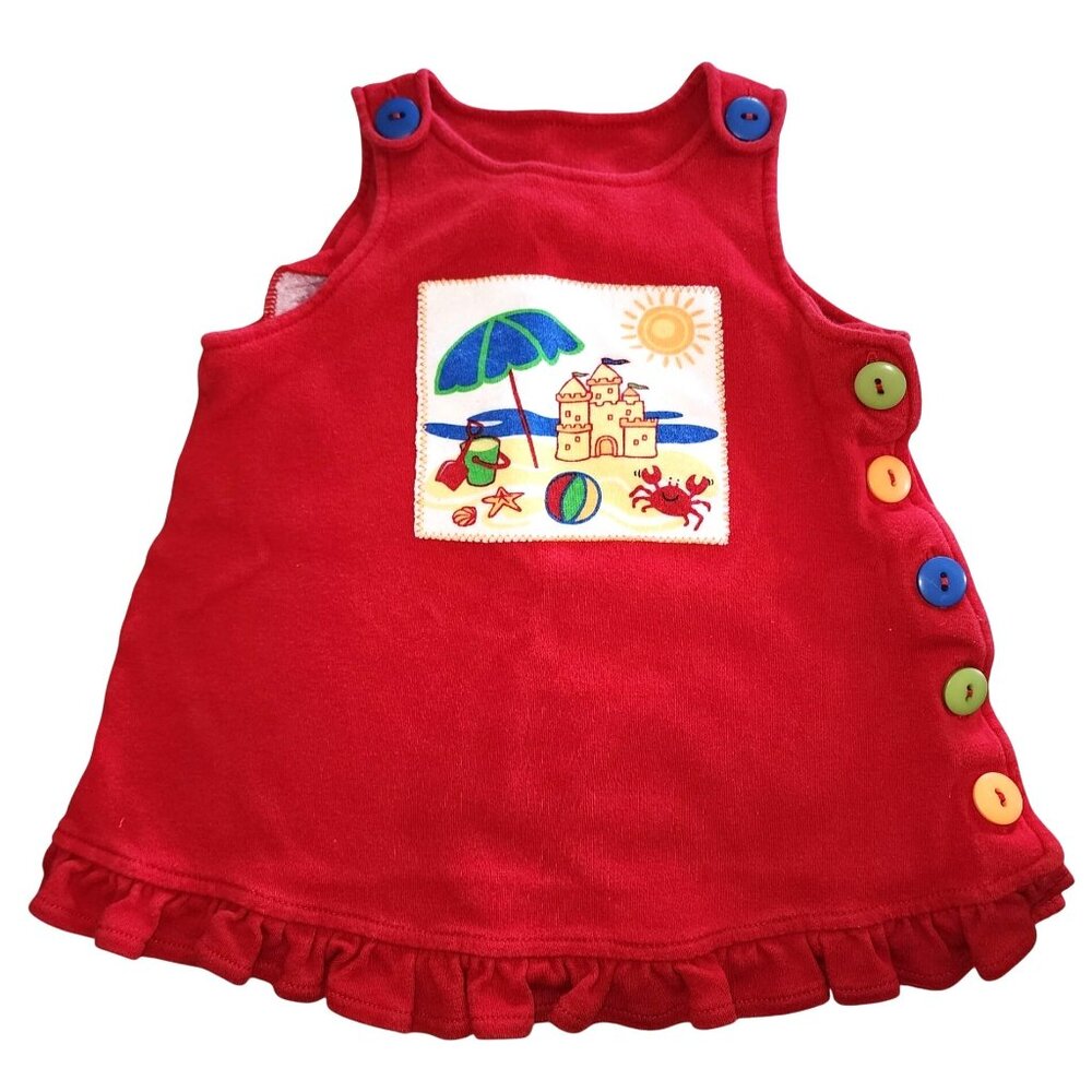 Vintage Baby Girl's Parisian BeBe Red Tank Top Dress Beach Scene 18 Months Butto
